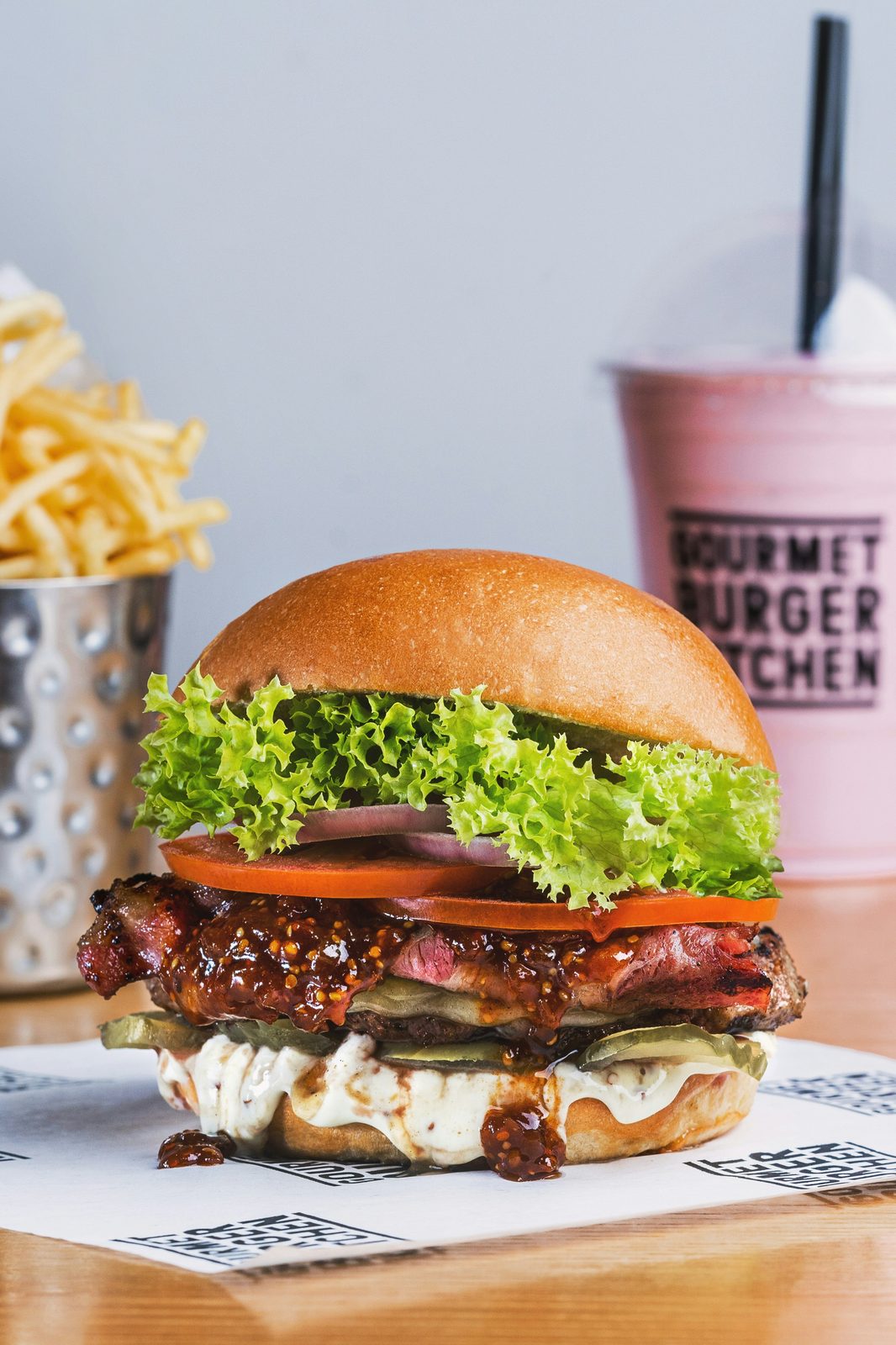 Loaded gourmet burger with fries