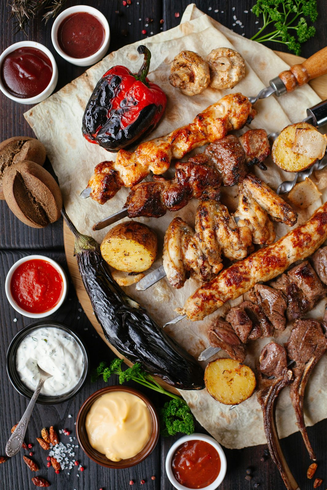 Grilled skewers and vegetables